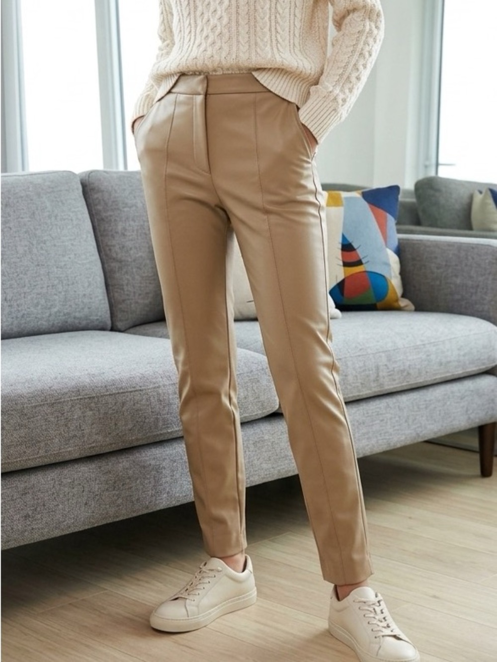 Zara Sage Green High-Rise Straight Leg Faux Leather Trousers